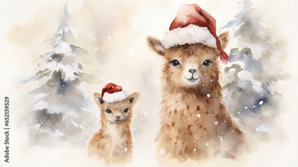 a painting of two llamas wearing a santa hat. generative ai a painting of two llamas wearing a santa hat. generative ai