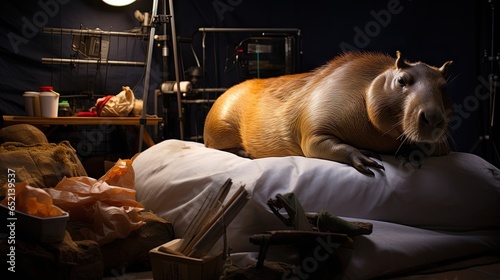  a large rodent laying on top of a bed in a dark room. generative ai