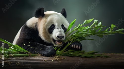  a panda bear eating bamboo on a wooden table with dark background.  generative ai
