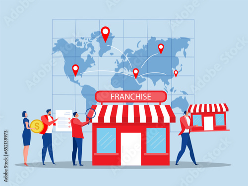 Franchise business  concept Shop Real estate business promotional, sme startup crowdfunding. expand on world map, Franchise business concept.vector illustration