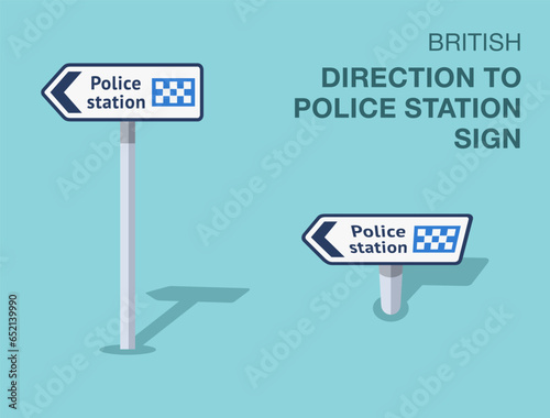 Traffic regulation rules. Isolated British direction to police station sign. Front and top view. Flat vector illustration template.
