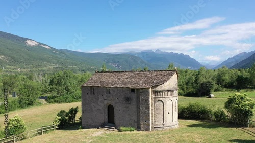 San Juan de Busa romanesque church. Biescas municipality, Serrablo, Huesca province, Aragon, Spain. High quality 4k footage photo