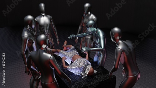 Human abductee surrounded by extraterrestrials. Aliens performing experiments on man. Aliens surrounding person on examination table. Being examined, surrounded by aliens. 3d render illustration. photo