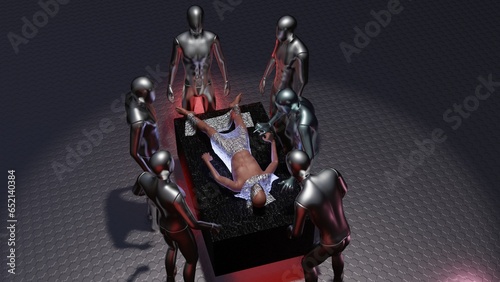 Human abductee surrounded by extraterrestrials. Aliens performing experiments on man. Aliens surrounding person on examination table. Being examined, surrounded by aliens. 3d render illustration. photo