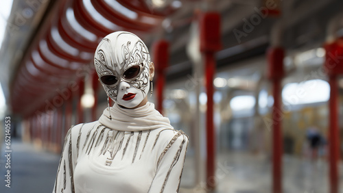 Frau mit schöner weißer Kunst Maske und Ornamenten mit Airbrush in feinen Linien Design Querformat für Banner, ai generativ