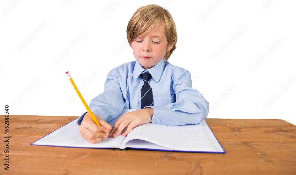 Digital png photo of smiling caucasian schoolboy writing on transparent background Digital png photo of smiling caucasian schoolboy writing on transparent background
