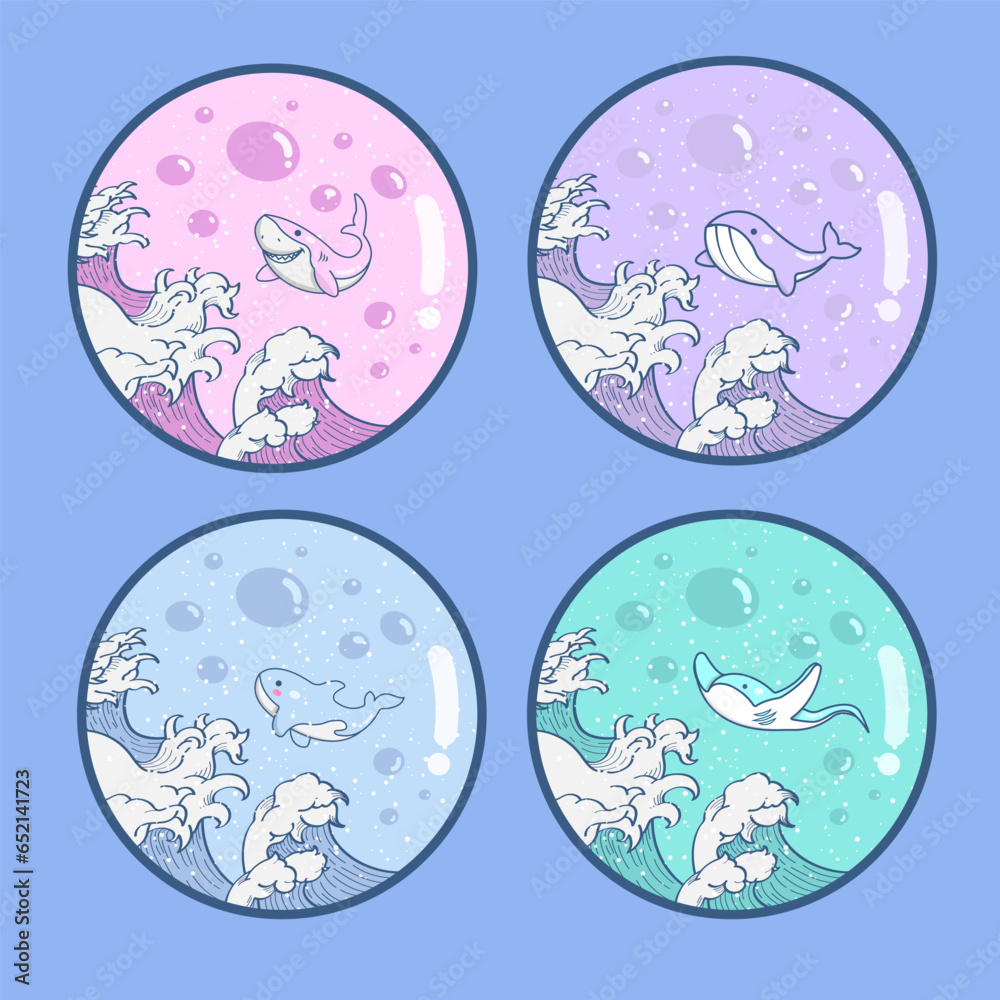 Vector badge pack of cute gradient under ocean wave illustration stickers Vector badge pack of cute gradient under ocean wave illustration stickers