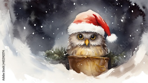  a watercolor painting of an owl wearing a santa hat.  generative ai © Jevjenijs