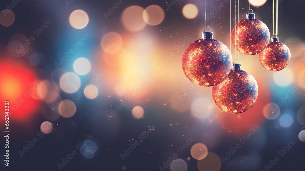 a group of three christmas ornaments hanging from strings on a string. generative ai a group of three christmas ornaments hanging from strings on a string. generative ai