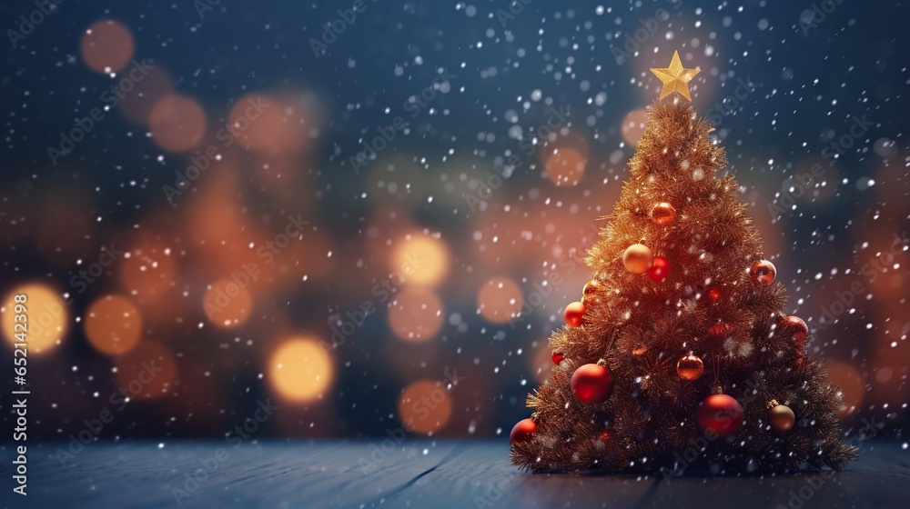 a small christmas tree on a wooden table in the snow. generative ai a small christmas tree on a wooden table in the snow. generative ai