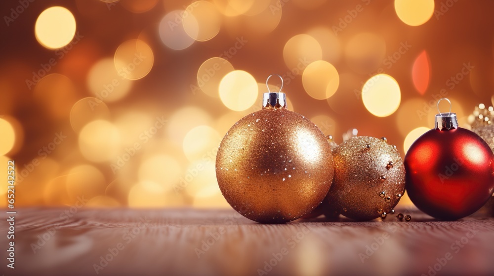 three shiny christmas ornaments on a wooden surface with boke of lights in the background. generative ai three shiny christmas ornaments on a wooden surface with boke of lights in the background. generative ai