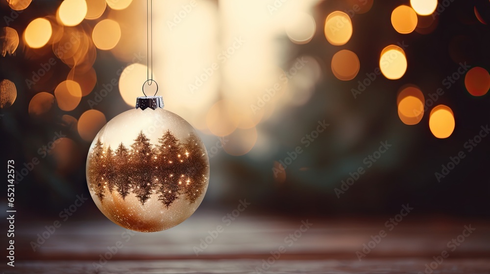 a christmas ornament hanging from a string with lights in the background. generative ai a christmas ornament hanging from a string with lights in the background. generative ai
