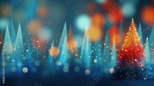  a brightly colored christmas tree in a blue background with lights. generative ai