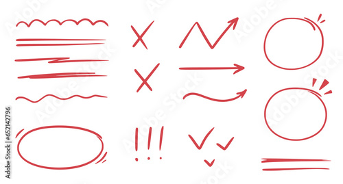 Red line check mark, underline, circle. Hand drawn doodle sketch red marker stroke emphases, highlight, check mark elements. Study focus, important underline, circle sketch. Vector illustration.