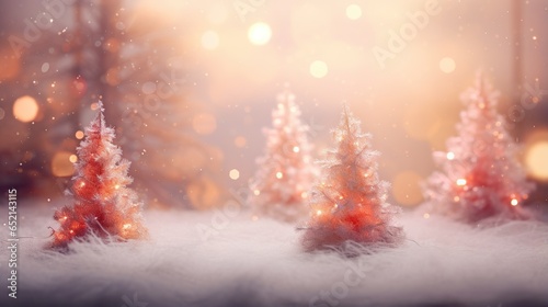 a group of small trees in the snow with lights in the background.  generative ai © Jevjenijs