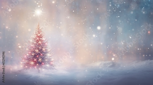  a small christmas tree in the snow with a star above it.  generative ai © Jevjenijs