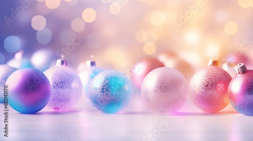  a row of christmas ornaments on a table with blurry lights in the background.  generative ai