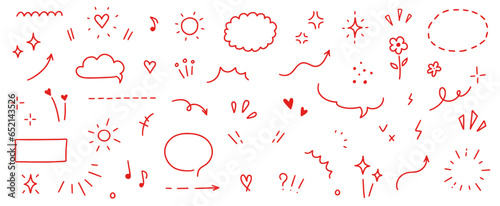 Cute red line icon sketch element. Hand drawn red line sketch text decoration star sparkle, arrow, heart element set. Simple drawn sun sparkle, flower, emphasis symbol background. Vector illustration