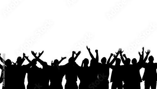 Digital png silhouette of group of people with hands in the air up on transparent background