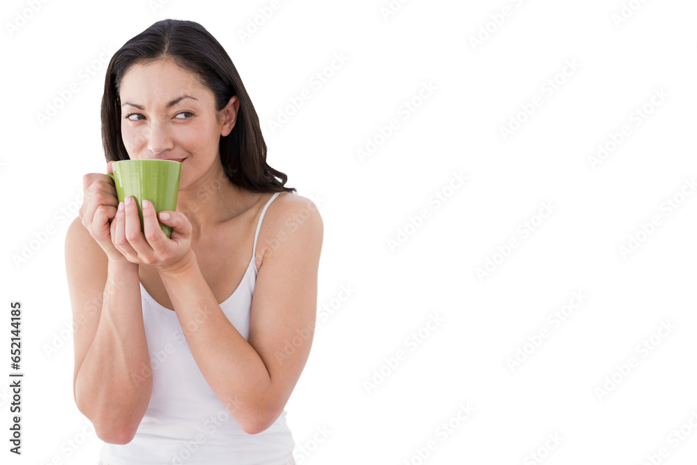 © vectorfusionart - Digital png photo of biracial woman holding a green mug with copy space on transparent background