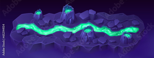 Volcano island map for game level navigation. Vector cartoon illustration of land piece with neon green river, night mountains with toxic lava in craters, fantasy prehistoric landscape, mobile app ui