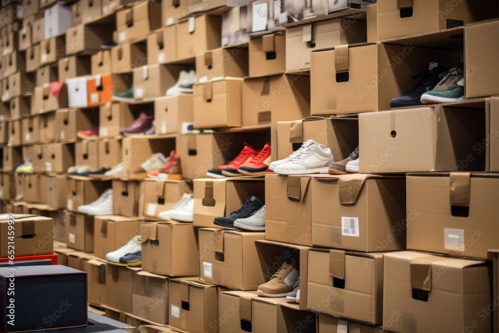 Storage with lots of boxes with sports shoes are displayed in rows, selective focus. - obrazy, fototapety, plakaty 
