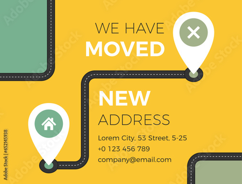 We have moved concept with road and map pins on yellow background, vector eps10 illustration