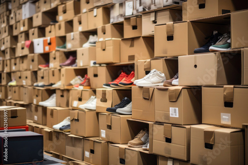 Storage with lots of boxes with sports shoes are displayed in rows, selective focus.