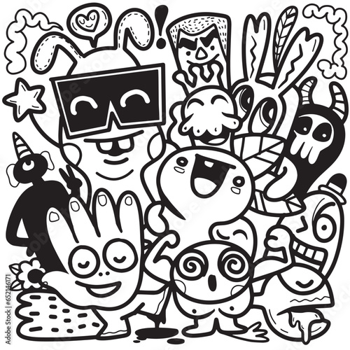 Doodle, black and white drawing of a drawing of cartoon characters, in the style of psychedelic neon, chilling creatures