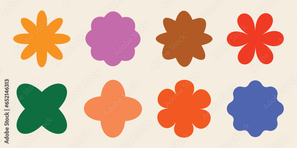 Flower geometric shapes. Colorful brutalism abstract symbols. Isolated vector and decorative patterns