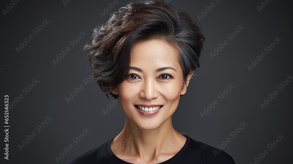 Studio portrait of a middle-aged woman in a black blouse on a dark background. Business style. Studio portrait of a middle-aged woman in a black blouse on a dark background. Business style.