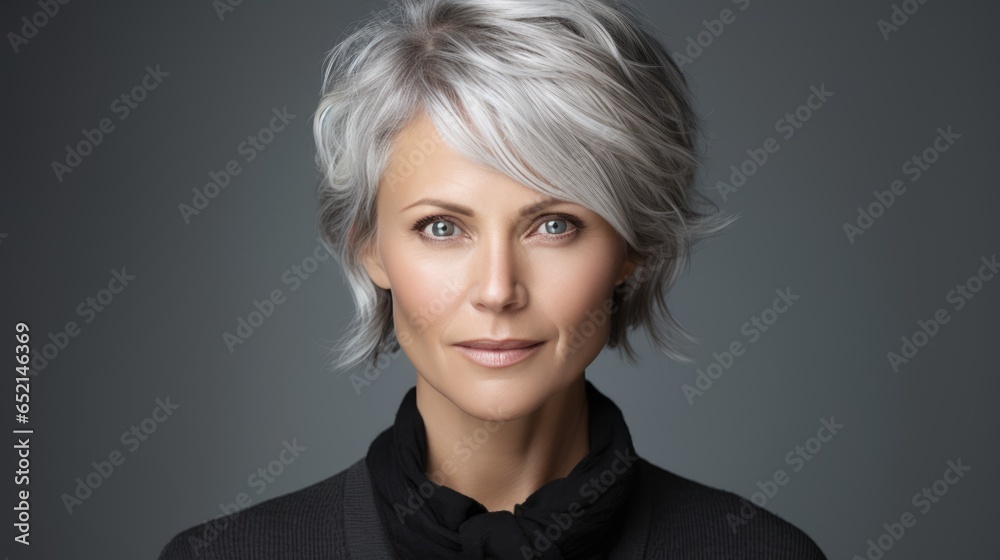 Studio portrait of a middle-aged woman in a black blouse on a dark background. Business style. Studio portrait of a middle-aged woman in a black blouse on a dark background. Business style.
