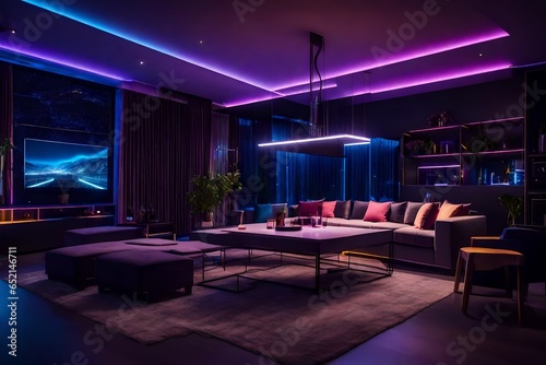 Nighttime Modern Living Room And Open Plan Kitchen With Neon Lights © Tanveer