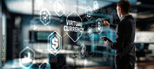Currency symbols on a virtual screen. Virtual Currency Exchange Investment concept 2023