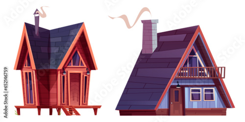 Wooden cabin with doors, windows and chimney. Cartoon vector illustration set of wood small house and hut. Forest shack or mountain chalet. Rural building for winter or summer vacation in countryside.