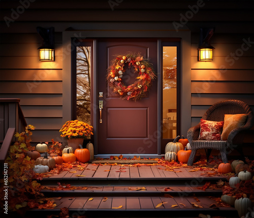 beautifully assembled fall wreath gracing a rich brown front door