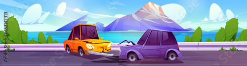 Car crash on mountain lake highway. Vector cartoon illustration of two autos collision on road, cracks on damaged hoods, green trees along riverside way, traffic rules violation, drunk driving danger