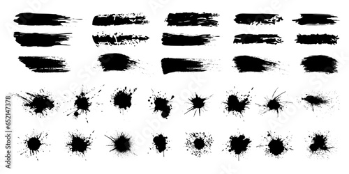Set of paint splashes. Black inked splatter dirt stain splattered spray splash with drops blots isolated. Artistic texture of ink splatter stains, blots, stroke vector set, Isolated vector illustratio