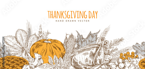 Hand drawn autumn banner, vector sketch style, seamless border.