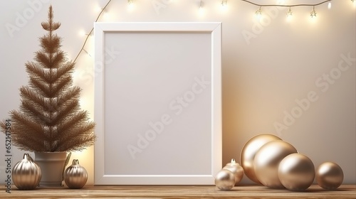 White blank picture frame with Christmas decorations, holidays festive mock up, Generative ai