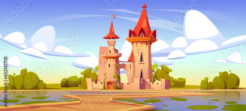 Fantasy fairytale medieval house cartoon background. Magic princess palace near lake vector landscape illustration. Road to italian kingdom building on island in summer. Nenuphar in swamp water