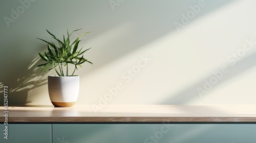 Coastal style green blank empty space kitchen countertop with kitchen utensils and indoor plant, Scandi interior design, AI generated
