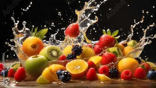 fresh multi fruits splashing into clear water splash healthy food diet freshness concept. Design element for advertising. Generated AI