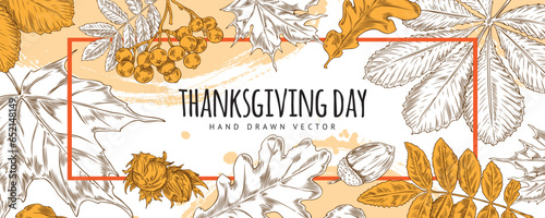 Autumn leaves, rowanberry on Thanksgiving day poster, fallen oak, maple, rowan, chestnut leaf hand drawn vector