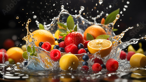 fresh multi fruits splashing into clear water splash healthy food diet freshness concept. Design element for advertising. Generated AI