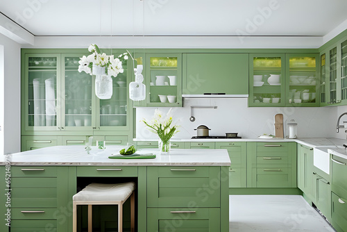 Big white kitchen with green furniture, convinient and well decorated house enviroment, cupboard with glass doors, marble countertop and jars filled with flowers, lots of drawers. Modern kitchen room photo