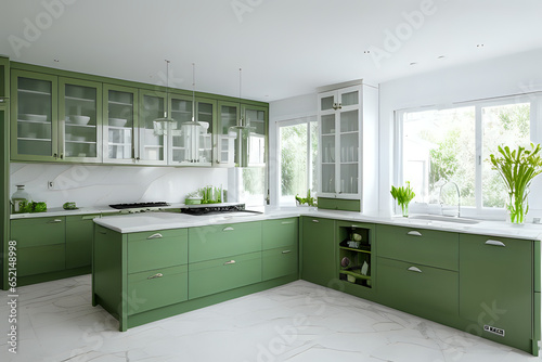 Big white kitchen with green furniture, convinient and well decorated house enviroment, cupboard with glass doors, marble countertop and jars filled with flowers, lots of drawers photo