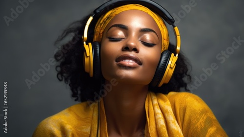 Portrait on a dark background of a beautiful young woman listening to music on headphones with her eyes closed.