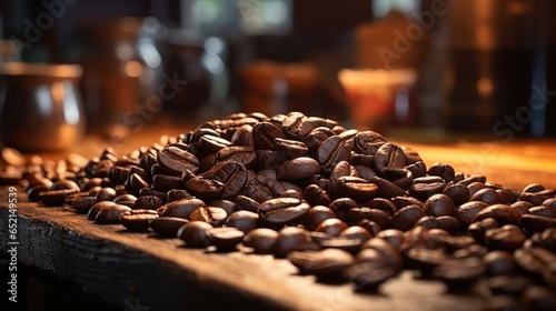 Close-Up Coffee Beans on a Wooden Surface. Generative AI.