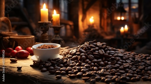 Close-Up Coffee Beans on a Wooden Surface with a Cup of Cafe. Generative AI.